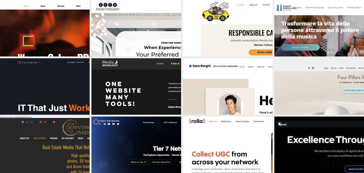Grid of twelve client websites: a PR agency, catering and events, a cab service, a music-therapy charity, an IT consultancy, a creator-tools platform, an SEO consultant, a wellness brand, a real-estate media company, a trading network, a real-estate video product and a research lab.